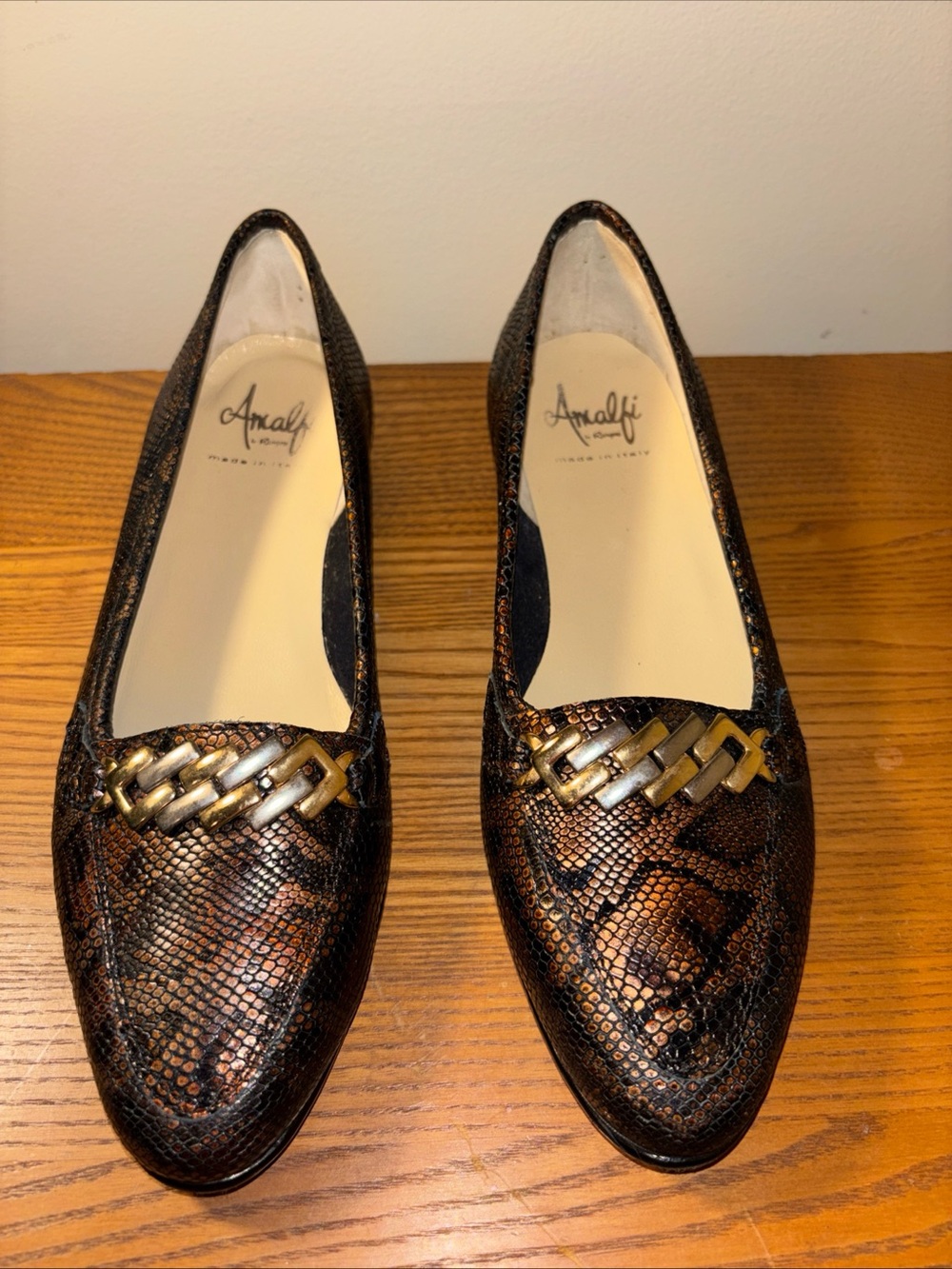 Amalfi Bronze Snake-Print Loafers with Gold Accent
